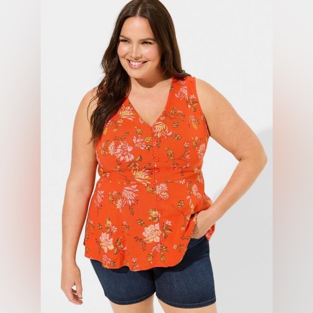 *TORRID* Plus Orange Floral Button Down Tie Sleeveless Blouse Size 1X